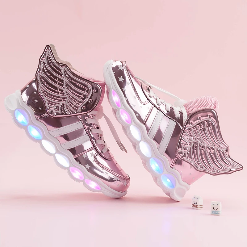 Детская обувь розового цвета; Светодиодный светильник; светящаяся обувь для мальчиков и девочек; спортивная обувь с зарядкой через usb; повседневная обувь с подсветкой; Детские светящиеся кроссовки с крыльями usb