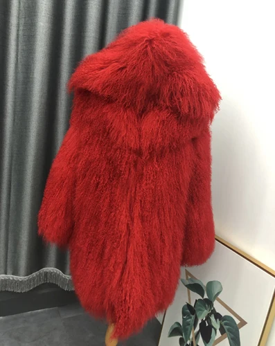 red Женские настоящие монгольские овцы, шуба с капюшоном, Пляжная шерсть, мех средней длины, пальто из овчины, зимняя меховая верхняя одежда, Женская куртка - Цвет: red