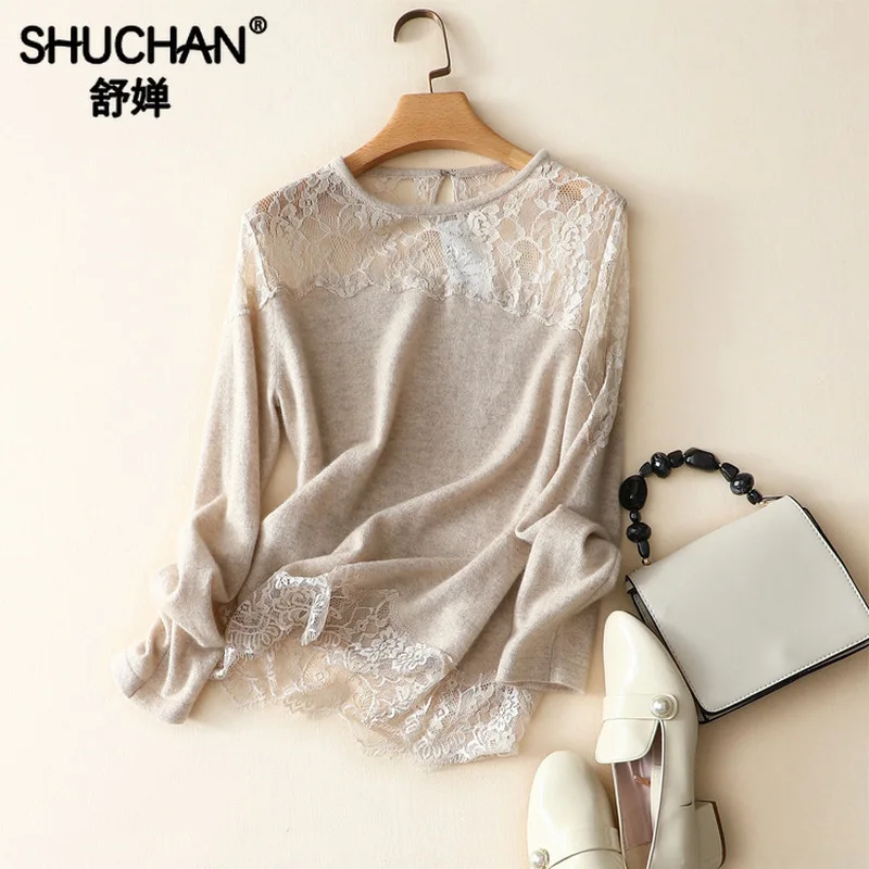 Осенний тонкий женский кашемировый свитер Shuchan 2019 лоскутный кружевной