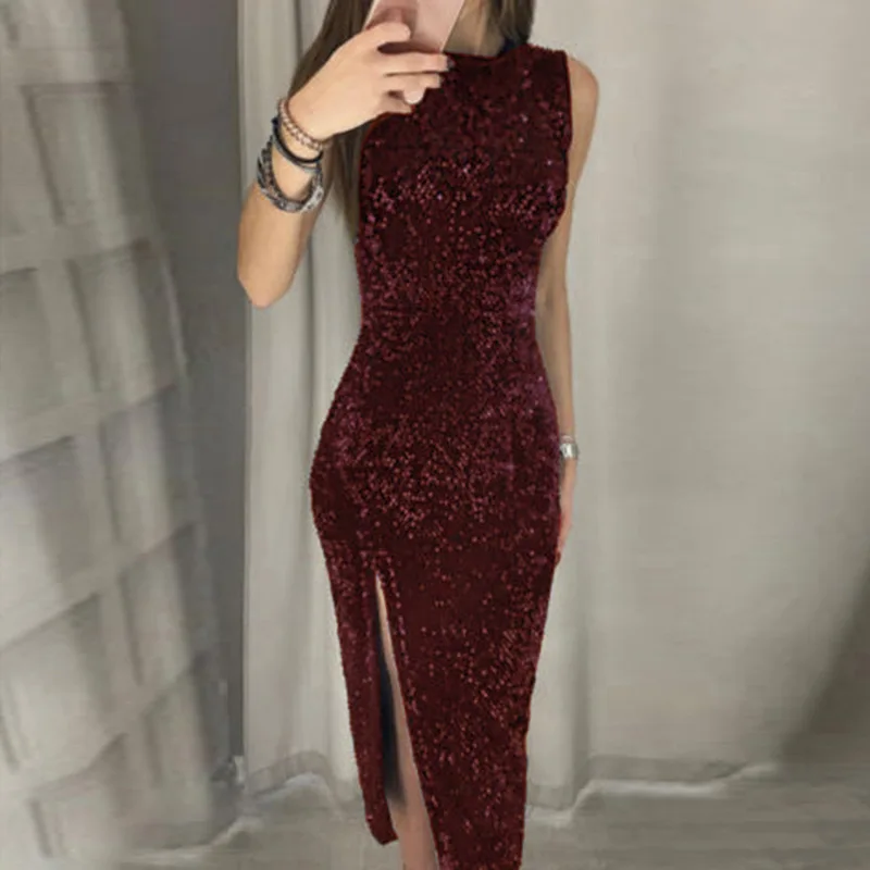 Женское сексуальное платье Vestidos De Festa без рукавов с блестками облегающее