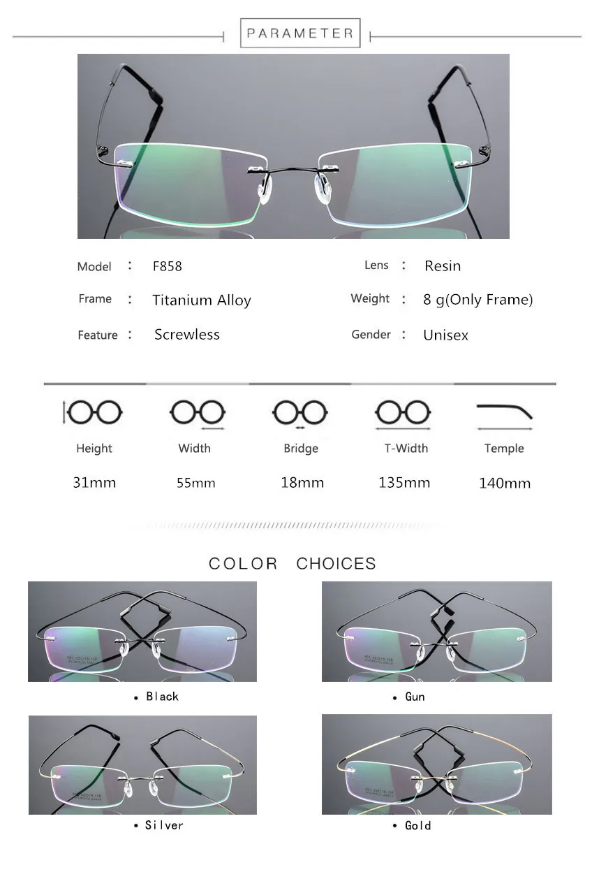 Классические мужские титановые ультралегкие очки без оправы, весенние дужки, оптическая оправа для близорукости, ультра-светильник, очки без оправы F858
