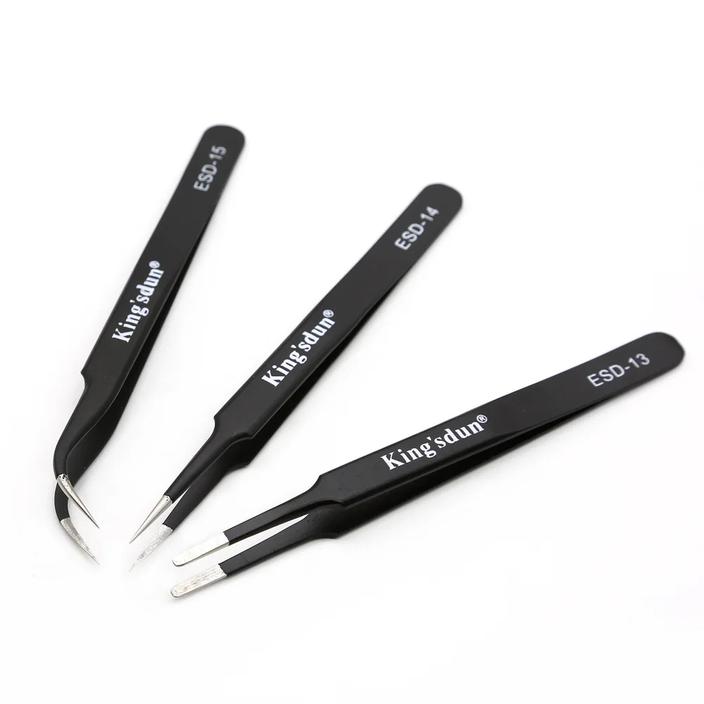 KING'SDUN 8Pcs Anti-static Tweezers ESD Stainless Steel Tweezers Set Industrial Precision Curved Straight Tweezer Repair Tools