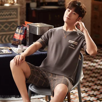 

Pure Cotton Pajamas Men Summer Thin Section Simple Fashion Korean-Style Japanese-Style Stripe Short Sleeve Shorts Loose Tracksui