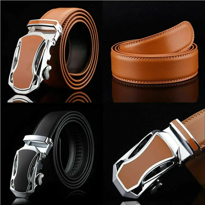 Mens Leather Belt Automatic Buckle Ratchet Waistband Leisure Business Work Adjustable Click for Men Fashion Black | Аксессуары для