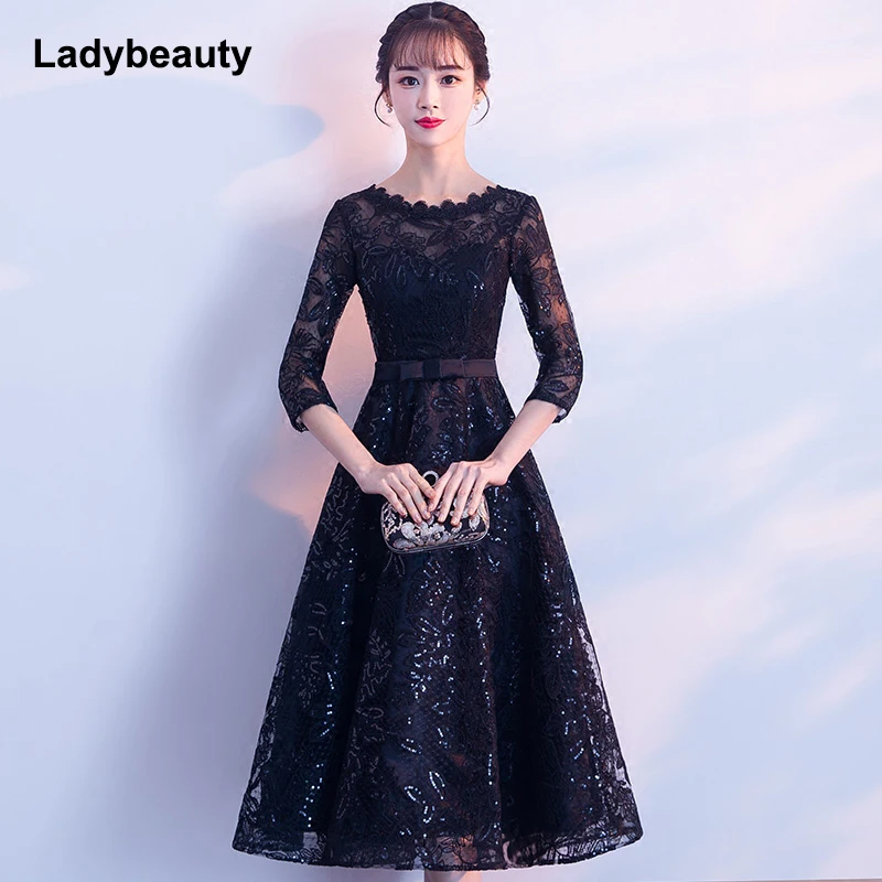 Ladybeauty/Новое поступление, короткое черное кружевное платье с вышивкой для выпускного вечера, элегантные вечерние платья длиной до середины икры для девочек