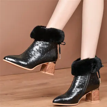 

Chic Shoes Women Genuine Leather Chunky High Heels Pointed Toe Pumps High Top Rabbit Fur Winter Snow Boots Lady Casual Shoes Hot