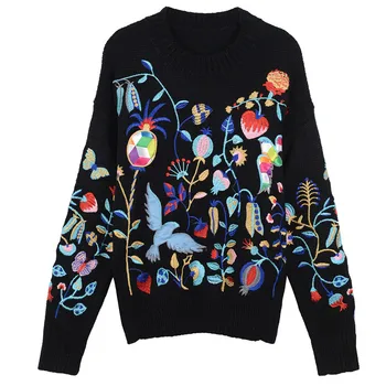 

Runway Flower Embroidery Knitted O Neck Oversize Sweater Women Tops Casual Pullover Autumn Winter Streetwear Ladies Jumper Loose
