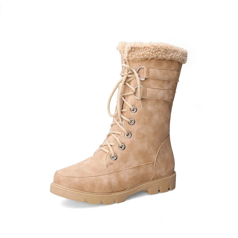 apricot MoonMeek/Большие размеры 34-43; модные ботинки до середины икры женские ботинки на шнуровке с круглым носком ботинки на плоской подошве; сезон осень-зима; Новинка года - Цвет: apricot