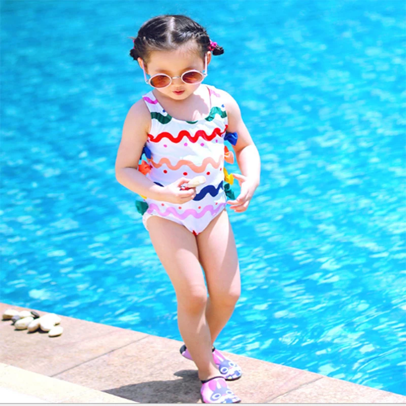 

2020 High Quality New Korean Girl One-piece Rainbow Wave Strip Cute Quick-drying Princess Swimsuit 
