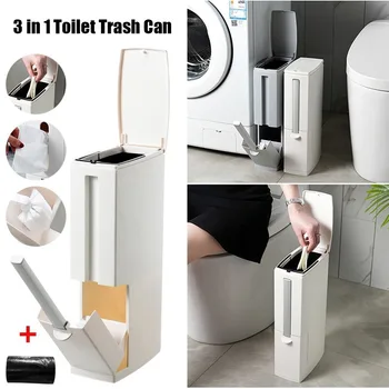 

Bathroom Trash Bucket Set Waste Bin Plastic with Toilet Brush Dustbin Kitchen Trash Can Garbage Bag Household Cleaning Tools