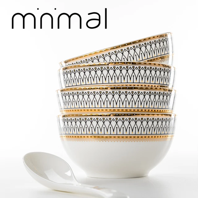 Finom Csont Kerek Aranyütemű Kerámia Vacsora Tányér Porcelán Steak Asztali Edények Rizsleves Tál Kanál Edény Otthoni Dekoráció - Image 4