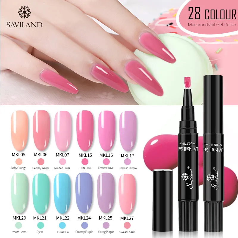 Saviland Macaron Nail Gel Pen 28 Colors Glitter Fluorescent Uv Lacquer Varnish Hybrid Soak Off Primer Top Coat for Nails | Красота и