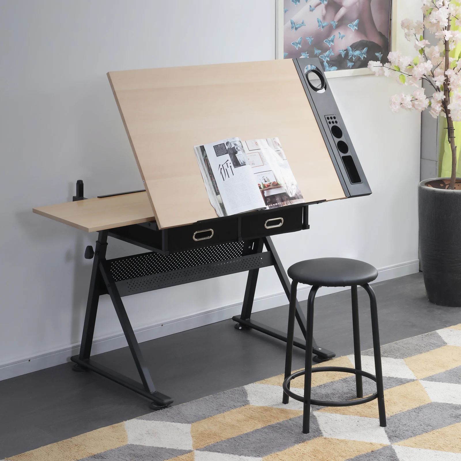 Height Adjustable Drafting Black Desk With Drawers Tiltable Tabletop With Stool ErgonomicsWork
