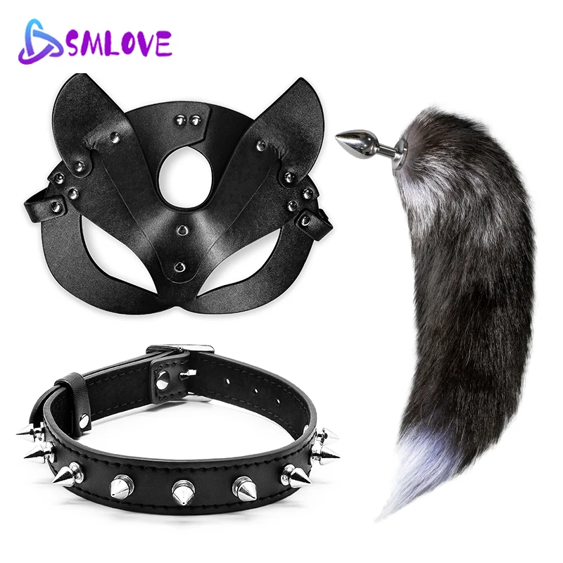 SMLOVE Cosplay Fox Mask Anal Plug Tail Set and Collar Kit Metal Butt Sexy Adult Game Sex Toys for Women Products Shop | Красота и