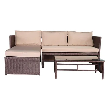 

3pcs/set Modern Corner Sofa Set Wood Grain PE Wicker Loveseat Rattan Ottoman Tempered Glass Coffee Table with 5 Cushion