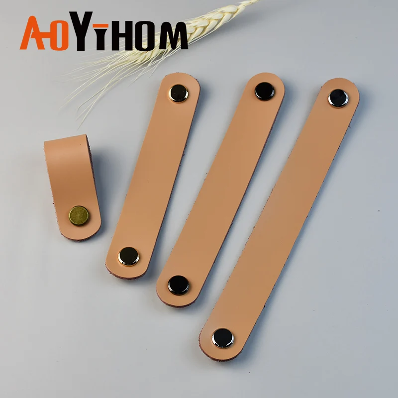 AOYIHOM Retro Style Khaki Kitchen Furniture Handle American Leather Drawer Dressing Table Knob Shoe Cupboards Wardrobe Door Pull furniture handles kitchen door handles