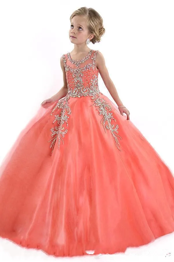 

New 2020 Little Girls Pageant Dresses for Teens Princess Tulle Jewel Crystal Beading Coral Kids Flower Girls Dress Birthday Gow