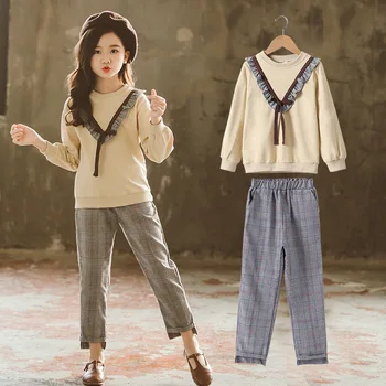 

2020 Spring New Arrival Girls Clothing Set Patchwork T-shirt and Plaid Pants Set Fashion Kids Two-Piece Set for Girls, #8324