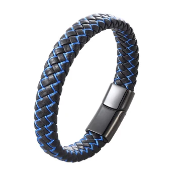 Punk Braided Genuine Leather Bracelet for Men Women Jewelry Stainless Steel Magnetic Clasp Unisex Blue Red Birthday Gifts Couple