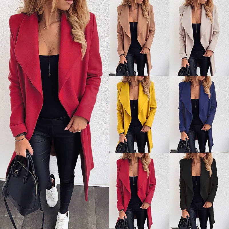 

2019 Women Elegant Autumn Wool Blend Coat Long Woolen Coat Cardigan Loose Plus Size Red Fashion Overcoat Ladies Yellow Coat 3xl