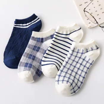

Socks Women Ankle Length Cream Kawaii Navy Striped Check Korean Style Women Colorful Novelty Low Socks Wholesales Cotton Socks
