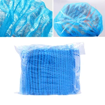 

100PCS Disposable Hat Elastic Band Cap Supplies Cosmetic Disposable Hat Tattooed Reticulated Blue Caps for Women