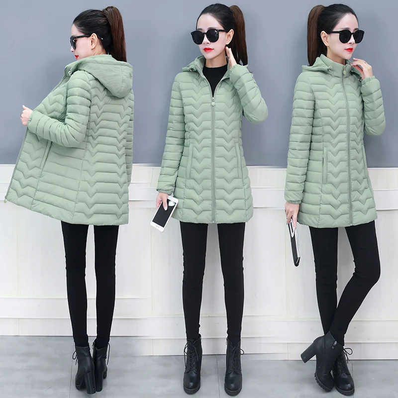 

Autumn and winter new light and thin section down cotton slim V-shaped hooded large size long women's Keep warm jacket