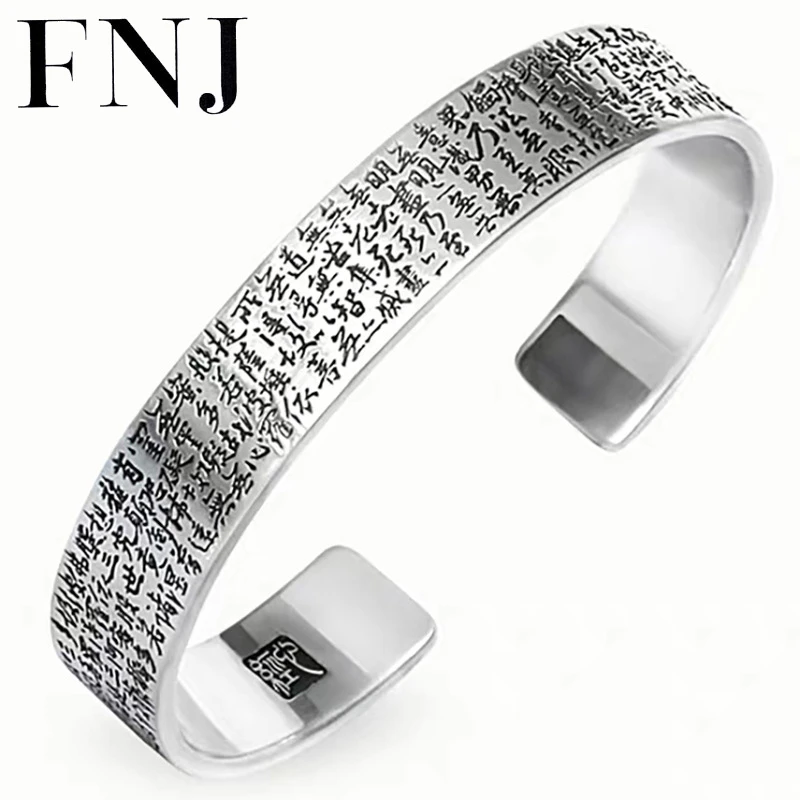FNJ Buddha Xinjing Bangle 999 Silver Original pure S999 Sterling Silver  Bangles for Women Men Jewelry Fine Chinese Letter