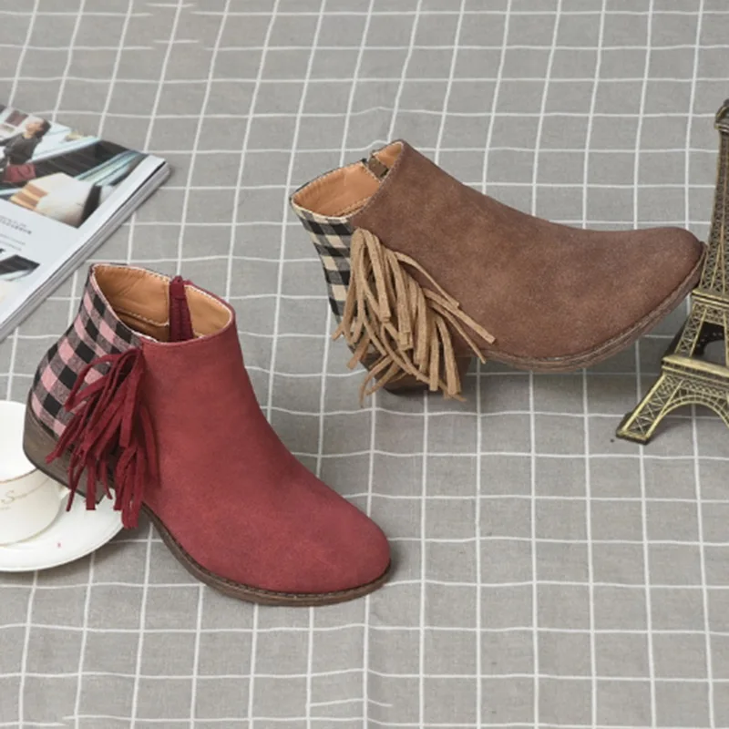 Женские ботильоны в стиле ретро; Всесезонная женская обувь с кисточками и боковой молнией на массивном каблуке; женские ботинки на низком каблуке с круглым носком