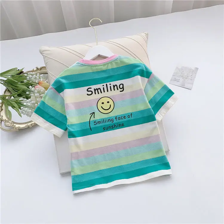 supreme shirt Girls short sleeve T-shirt summer smile face children's leisure half sleeve cotton t-shirts children's striped tees P5156 vintage t shirts