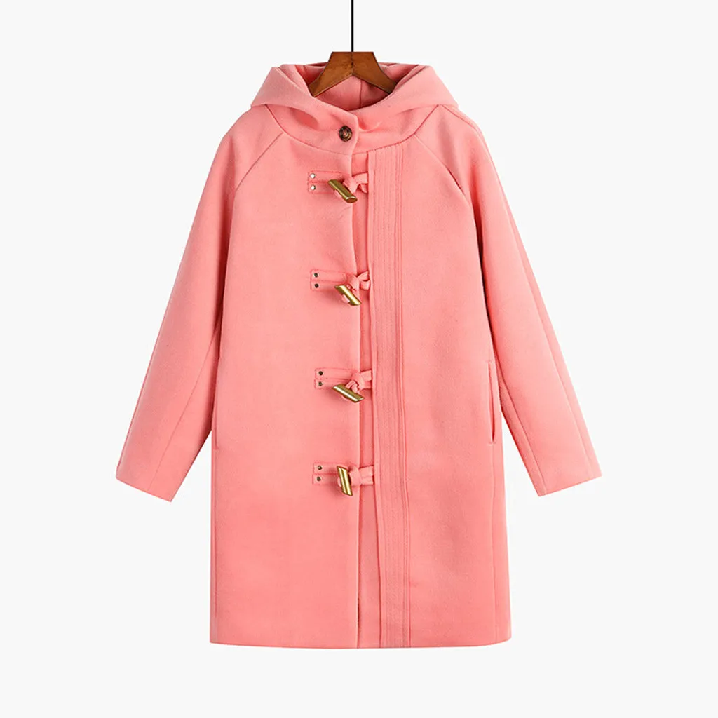 KANCOOLD Cow horn buckles coats women autumn and winter long woolen coat hooded student small coat - Color: Pink