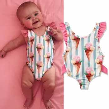 

0-4T Infant Baby Kids Girls Lace Patchwork O Neck Striped Swimsuit Swimwear Swimming Bikini Bathing Suit Bquini
