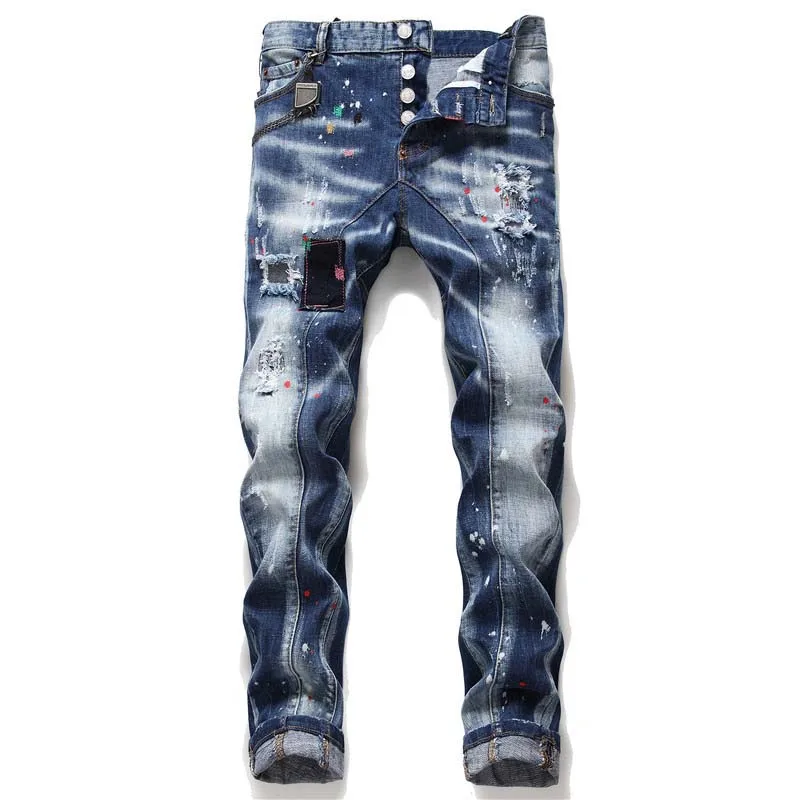 KIOVNO Mens Ripped Holes Denim Trousers Painted Patchwork Stretch  Jeans Pants For Male Straight  (3)