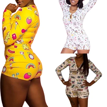 

New Women Printing Long Sleeve V Neck Sleepwear Bodycon Lounge Jumpsuit Bodysuit Leotard Laddies Nightwear PLUS SIZE 2XXL