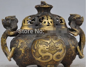 

++++ free shipping 7"Marked Chinese Bronze Animal beast zodiac Dragon incense burner Censer Statue