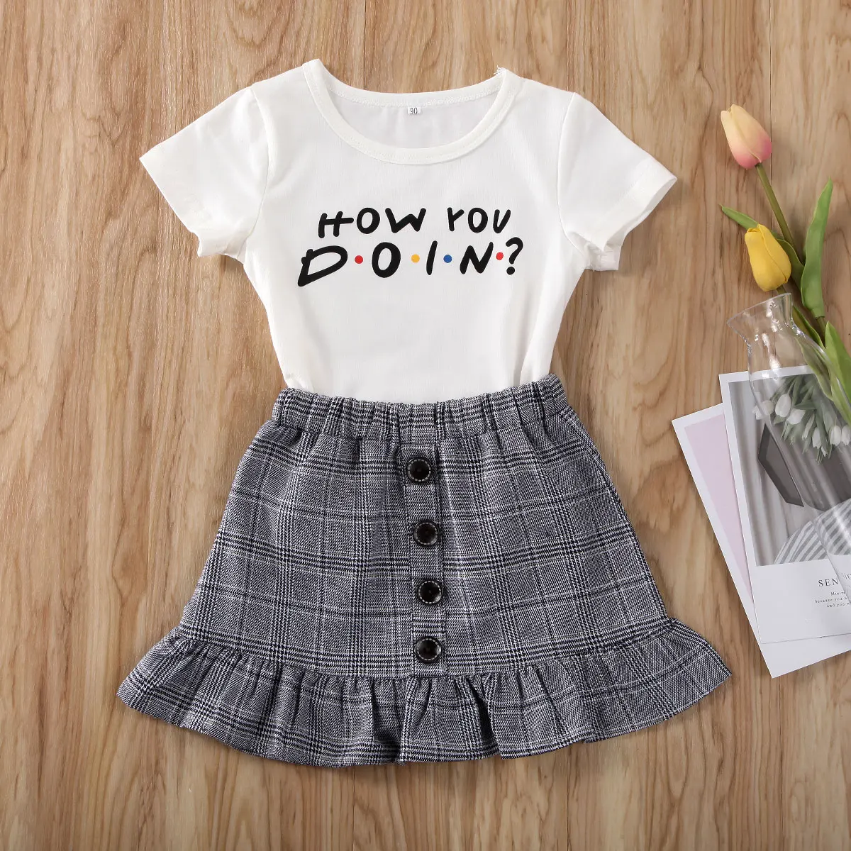 Г. Летняя одежда для малышей комплект одежды для маленьких девочек, футболка с короткими рукавами и надписью топы, клетчатая юбка комплект из 2 предметов От 1 до 6 лет