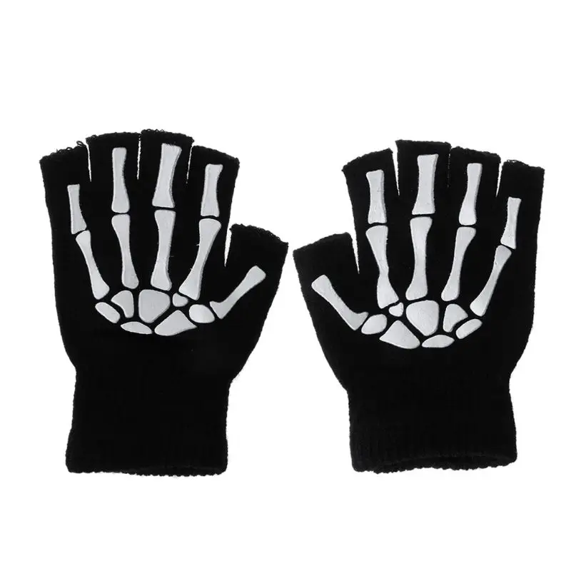 Adult Warm Knitting Gloves Halloween Skeleton Skull Half Finger Glove
