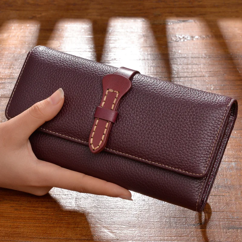 

W Micro for Leather Wallet Women's Long Cowhide Three Fold Buckle Korean-style Card Bit More Large Capacity Soft Leather Men's H