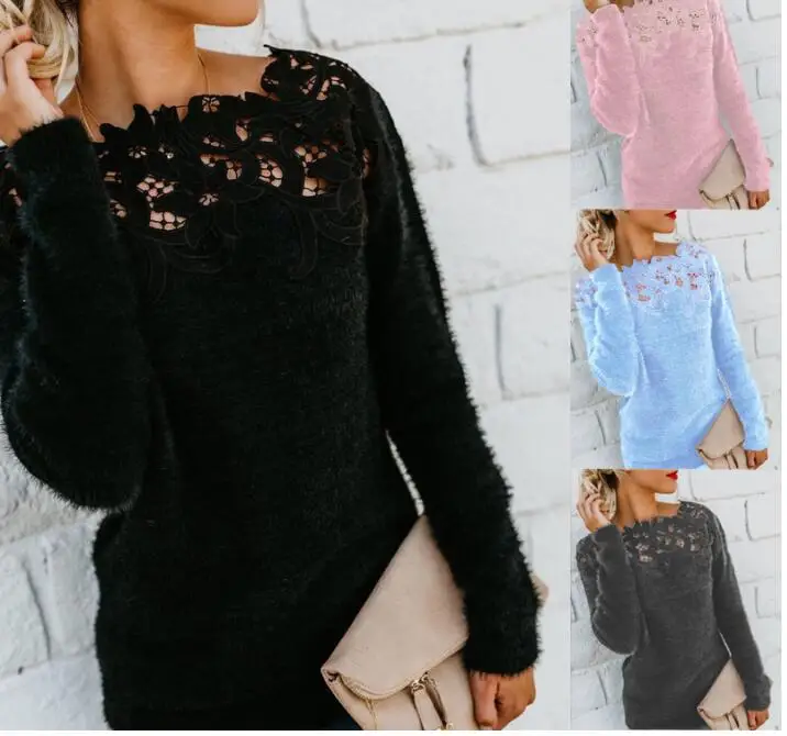 

2020 New Women's Spring Long sleeved Lace Sweater Solid O-neck Sexy Casual Knitted Sweater Female Large Size 5XL Pullovers