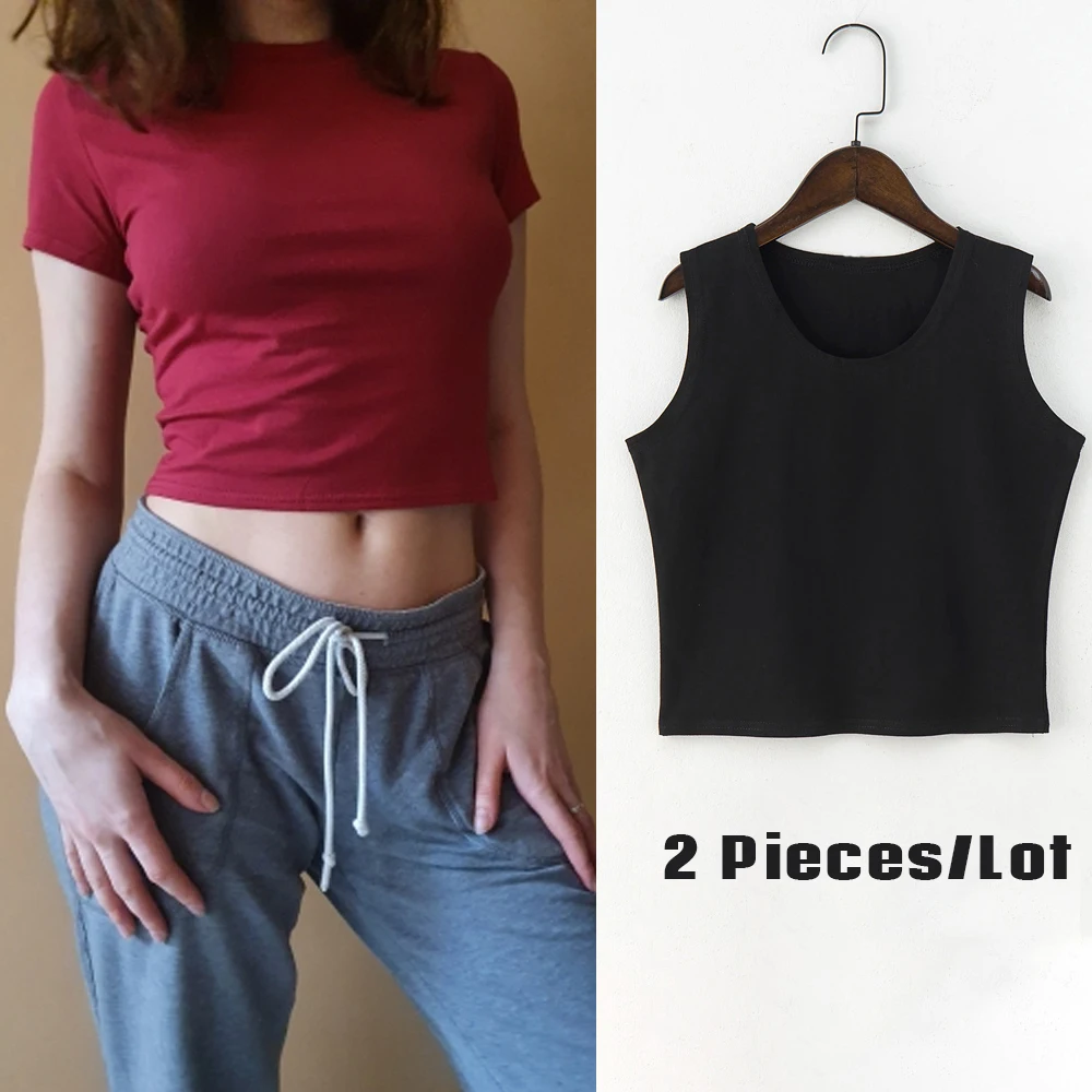 Black Round Neck Sleeveless Harajuku Women's T-shirt Cotton Crop Top Women's Shirt Girls Lady Tee Tops Streetwear Camiseta Mujer