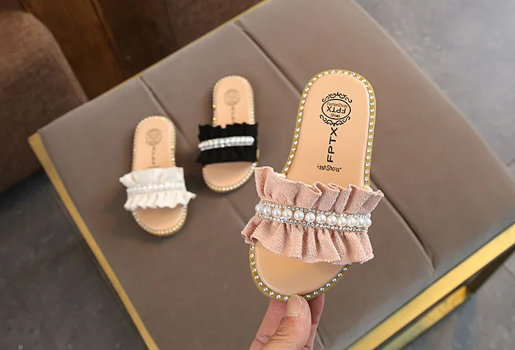 Childrens Shoes Kids Sandals For Toddlers Girls Princess Sweet Soft Pearl Beaded With Rhinestone Girls Slippers Slides 21-30
