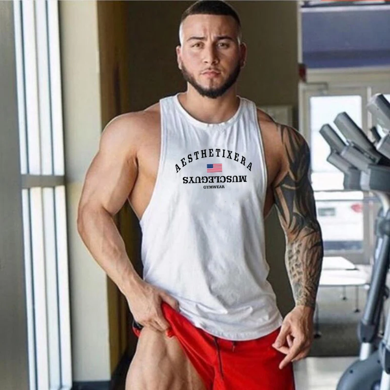 Muscleguys 남성용 탱크 탑 민소매 셔츠, 체육관 피트니스 보디빌딩 운동 싱글 슬링 조끼, 남성 여름 브랜드 의류