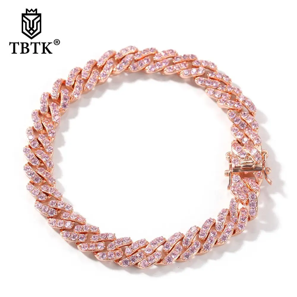 TBTK розовое золото цвет кубинское звено браслет 9 мм Iced Out розовый кубический