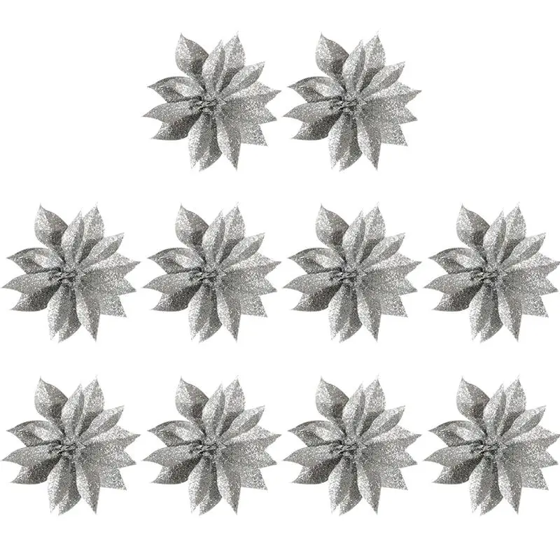 Серебристый 10 шт. модные блестящие 2 слоя Мини Искусственные головки цветов для дома Свадебные украшения Скрапбукинг DIY Рождественская елка цветы - Цвет: Серебристый
