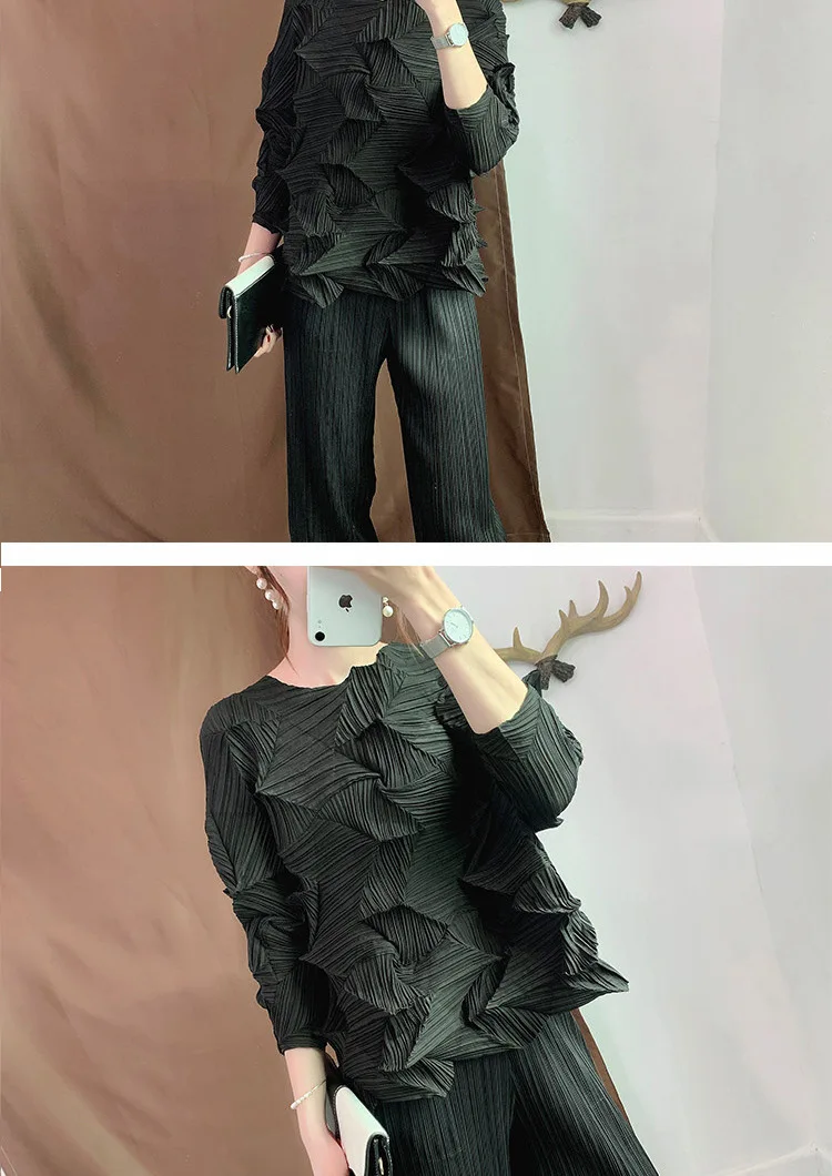 Irregular Pleated T-shirt New Fashion Japan Style Solid Three-quarter Sleeves Miyake Wrinkle Women Shirts Plus Size Tops