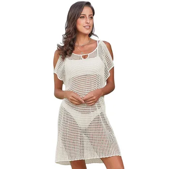 

Beach Dress Women Covered Woman Kaftan Robe Pareo Swimsuit For Hollow Mesh Loose Neck Solid Spandex Bikini Cover Up