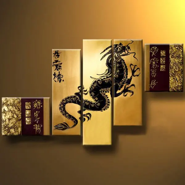 

100% Hand Painted Modern Abstract Canvas Group Painting Chinese Dragon 5 Piece Panel Wall Art Living Room Wall Decor Home Decora