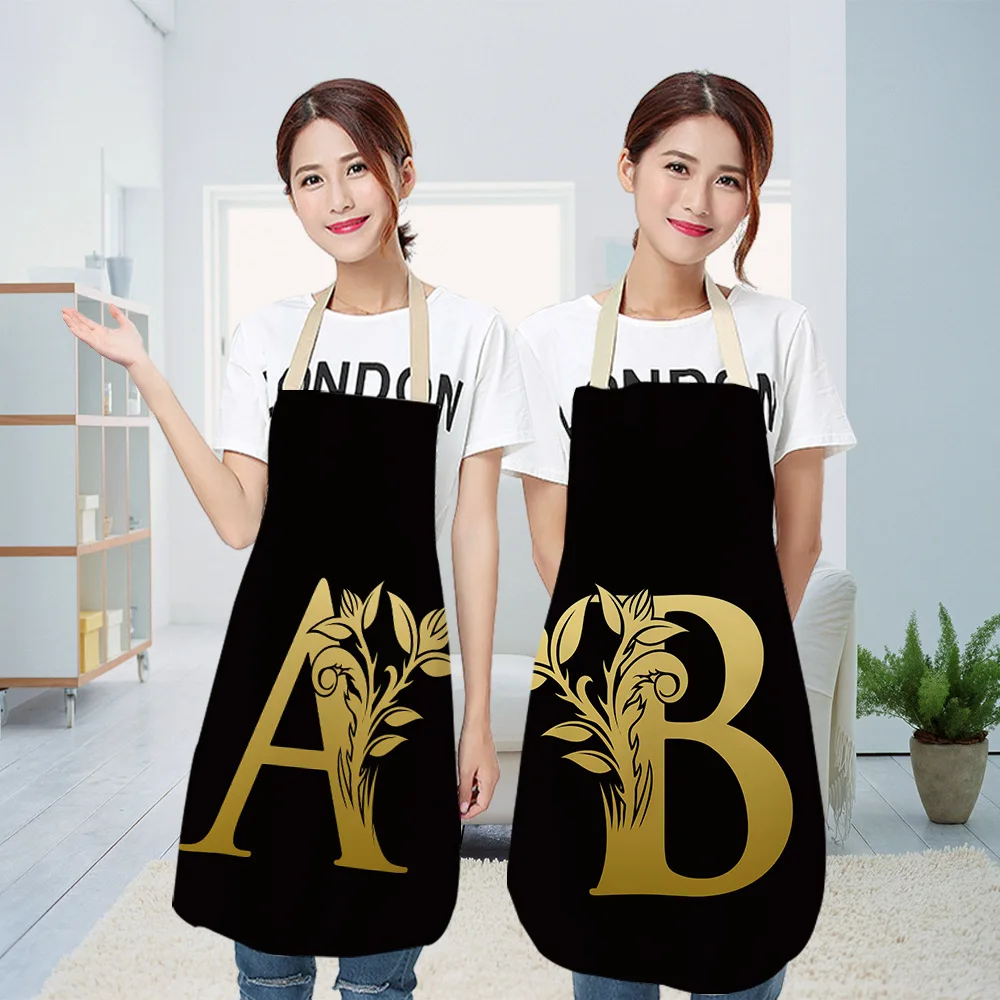 Customized Letter Apron Black Golden Flower Kitchen Aprons for Women Cotton Linen Bibs Household Cleaning Pinafore Home Cooking