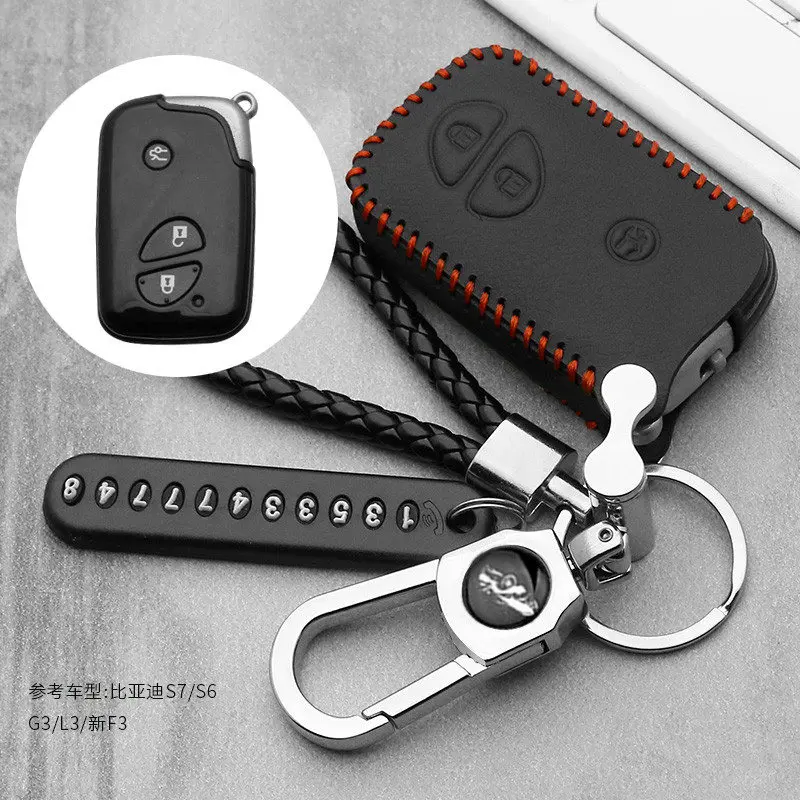 Кожаный брелок для ключей автомобиля, чехол, держатель, наклейка для BYD S6 S7 G3 L3 M6 L6 E6 F0 F3, 3 кнопки, умный дистанционный ключ - Название цвета: A