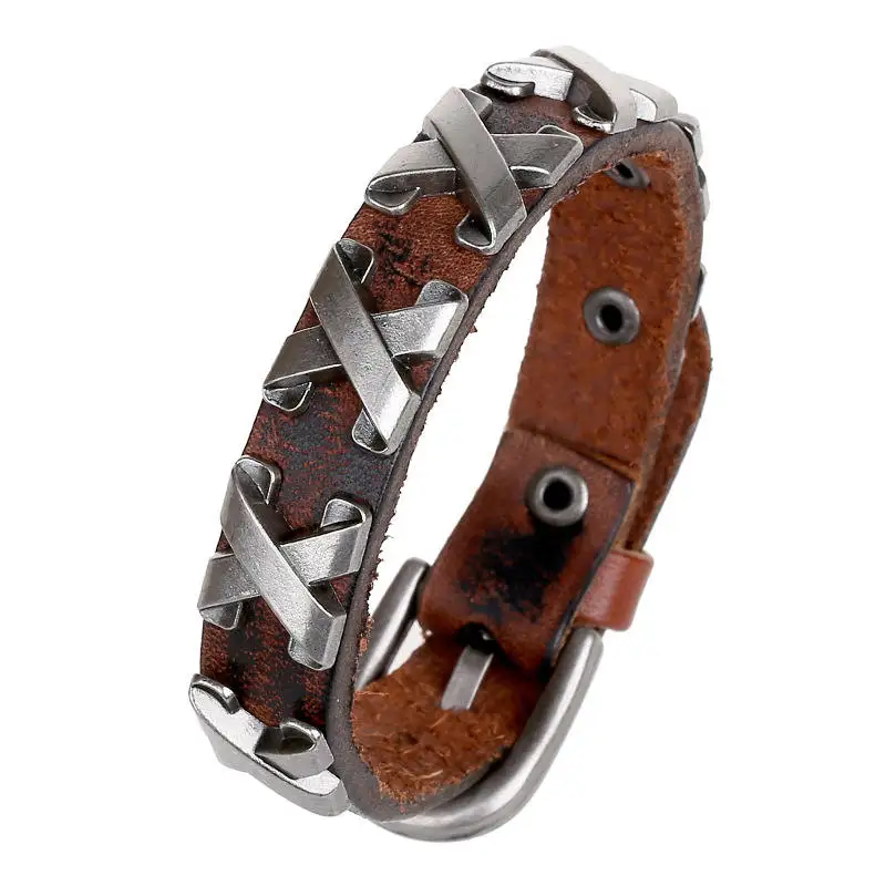 

100% Genuine Cow Leather Men Bracelet Charm Jewelry Accessories Metal Rivets Cross Studded Bracelets Bracelet Bangle